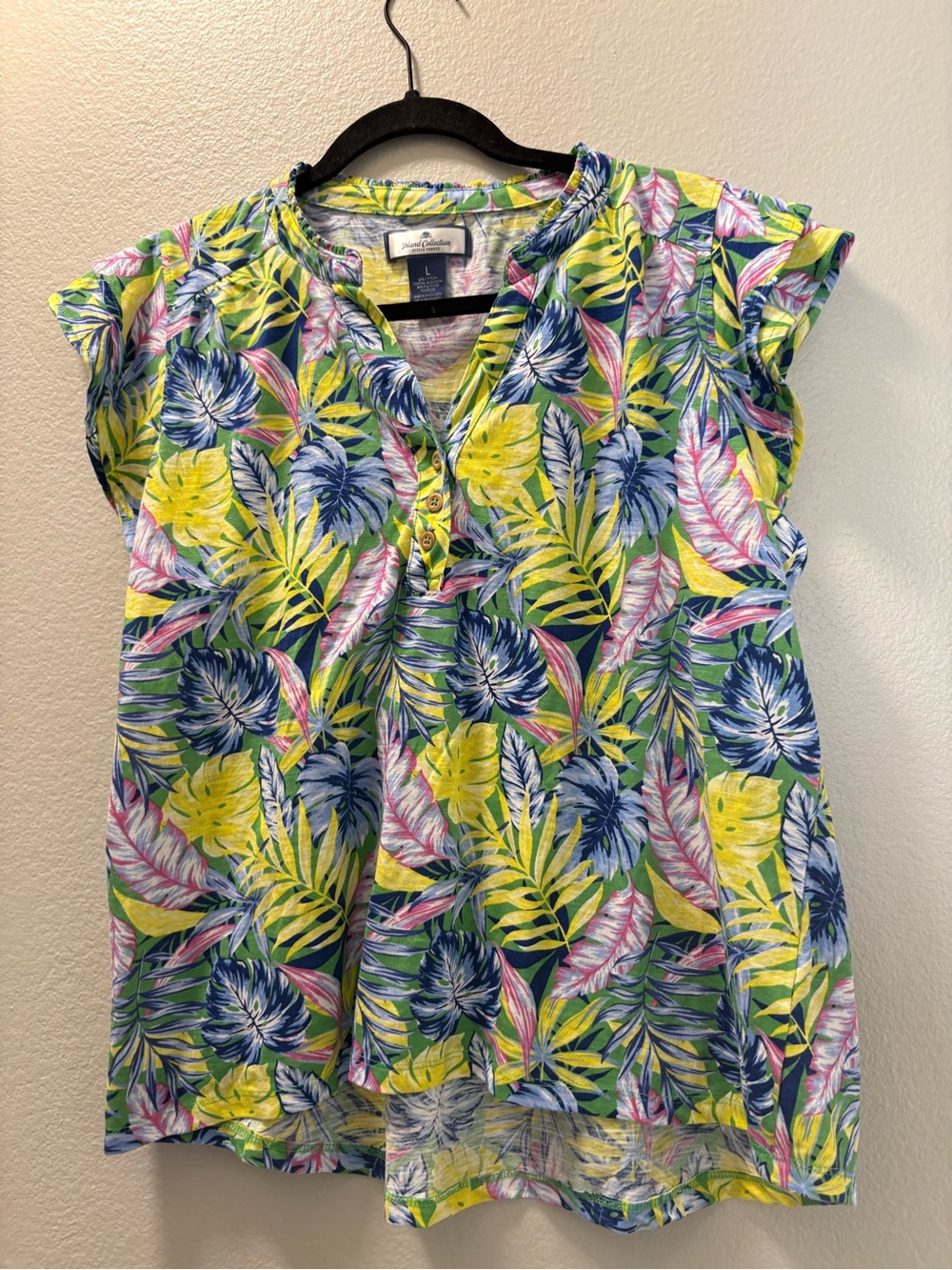 Tropical Leaf Short Sleeve Blouse - Blue/Yellow Multicolor